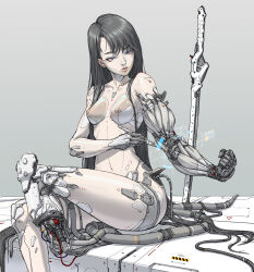 Rule 34 | 1girl, amputee, android, bare shoulders, black hair, blue eyes, breasts, cable, cho yonghee, collarbone, exposed muscle, highres, holding, joints, katana, maintenance, mechanical arms, mechanical parts, medium breasts, nipples, nude, original, robot joints, sitting, solo, sword, thighs, weapon