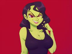 Rule 34 | 1girl, alternate form, bad end, banjo-kazooie, black hair, breasts, cleavage, colored skin, green skin, gruntilda winkybunion, hand up, large breasts, long hair, looking at viewer, parted lips, red background, red eyes, simple background, skippyrip, slit pupils, smile, solo
