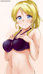 Rule 34 | 1girl, ayase eli, bad id, bad pixiv id, bare arms, bare shoulders, bikini, bikini top only, blonde hair, blue eyes, blush, bottomless, breasts, closed mouth, collarbone, halterneck, halterneck, hands on own chest, looking at viewer, love live!, love live! school idol festival, love live! school idol project, medium breasts, navel, out-of-frame censoring, pink background, ponytail, purple bikini, short hair with long locks, sidelocks, simple background, smile, solo, stomach, swimsuit, tareme, tasora, twitter username