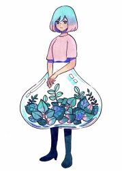 Rule 34 | 1girl, aqua eyes, aqua hair, full body, gradient hair, leaf, looking at viewer, meyoco, multicolored hair, original, own hands together, pink hair, pink shirt, shirt, short hair, short sleeves, simple background, solo, standing, traditional media, white background