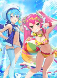Rule 34 | 2girls, \m/, ahoge, armpits, ball, bare shoulders, beach umbrella, beachball, bikini, blonde hair, blue bikini, blue choker, blue hair, blue jacket, blue sky, blue thighhighs, breasts, bright pupils, choker, cleavage, clothes writing, cloud, collarbone, commentary request, cowboy shot, day, duel monster, ear piercing, fingernails, flat chest, food, goggles, goggles around neck, green eyes, grin, groin, hair between eyes, hair ornament, hand in pocket, hat, highres, holding, holding ball, holding food, hsin, jacket, ki-sikil (yu-gi-oh!), large hat, lil-la (yu-gi-oh!), live twin, live twin ki-sikil, live twin lil-la, long hair, looking at viewer, medium breasts, midriff, multicolored hair, multiple girls, nail polish, navel, open clothes, open jacket, piercing, pink hair, pink nails, pink scrunchie, popsicle, purple eyes, ribbon choker, scrunchie, shark hair ornament, short hair, sidelocks, single thighhigh, sky, sleeveless, sleeveless jacket, smile, standing, stuffed animal, stuffed shark, stuffed toy, swimsuit, teeth, thighhighs, tongue, tongue out, twintails, two-tone hair, umbrella, volleyball net, white headwear, white pupils, wings, wrist scrunchie, x hair ornament, yellow bikini, yu-gi-oh!