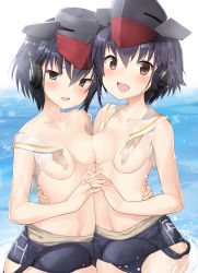 Rule 34 | 10s, 2girls, absurdres, asymmetrical docking, bad id, bad pixiv id, bell (oppore coppore), black hair, blush, breast press, breasts, brown eyes, character name, clothes pull, clothes writing, collarbone, convenient censoring, hair between eyes, hand on another&#039;s back, hat, headset, highres, holding hands, i-13 (kancolle), i-14 (kancolle), kantai collection, looking at viewer, medium breasts, multiple girls, ocean, one-piece swimsuit pull, open mouth, outdoors, sailor collar, see-through, short hair, siblings, sisters, splashing, stomach, strap pull, swimsuit, tareme, wading, water, water drop, wet, wet clothes, wet swimsuit