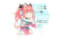 Rule 34 | 1girl, ;q, absurdres, animal ear headphones, animal ears, black bow, blush stickers, bow, cat ear headphones, collar, detached sleeves, dress, fake animal ears, hair between eyes, headphones, heart, heart-shaped pupils, highres, hologram, kuzumi (phigros), looking at viewer, notere, off-shoulder dress, off shoulder, one eye closed, open hand, phigros, pink dress, pink eyes, pink hair, pink skirt, red eyes, see-through, see-through skirt, skirt, smile, solo, symbol-shaped pupils, tongue, tongue out, twintails
