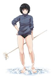 Rule 34 | 1girl, absurdres, amagami, arm at side, barefoot, black hair, black one-piece swimsuit, blue jacket, breasts, broom, cleaning, closed mouth, commentary, hand on own hip, highres, holding, holding broom, jacket, jacket over swimsuit, jishaku (user rcuz2843), light blush, looking at viewer, medium breasts, nanasaki ai, one-piece swimsuit, purple eyes, short hair, simple background, smile, soap bubbles, solo, standing, straight-on, swimsuit, swimsuit under clothes, track jacket, white background
