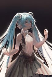 Rule 34 | 1girl, absurdres, aqua eyes, aqua hair, bare shoulders, blue eyes, blue hair, blush, breasts, brooch, commentary, dark background, detached sleeves, dress, grey dress, hair between eyes, hair ornament, hatsune miku, highres, jewelry, long hair, long sleeves, looking at viewer, open mouth, rsef, shaded face, shadow, simple background, solo, teeth, twintails, upper body, very long hair, vocaloid, white neckwear