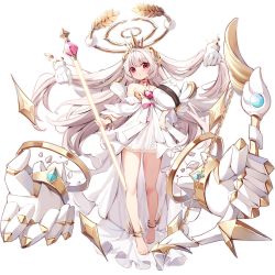 Rule 34 | 1girl, anklet, bare legs, bare shoulders, barefoot, blush, bow (weapon), commentary request, crown, disembodied hand, dress, full body, halo, highres, holding, holding bow (weapon), holding own hair, holding staff, holding weapon, jewelry, laurel crown, long hair, looking at viewer, midriff, nahaki, navel, off-shoulder dress, off shoulder, original, panties, see-through, solo, staff, stomach, underwear, very long hair, weapon, white background, white dress, white hair, white panties, wristband
