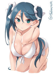 Rule 34 | 1girl, barefoot, bikini, blue eyes, blue hair, blush, breasts, collarbone, ebifurya, front-tie bikini top, front-tie top, hair ribbon, highres, isuzu (kancolle), kantai collection, large breasts, long hair, one-hour drawing challenge, open mouth, ribbon, side-tie bikini bottom, simple background, solo, swimsuit, twintails, twitter username, white background, white bikini, white ribbon