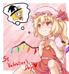 Rule 34 | 2girls, ascot, blonde hair, box, clenched hands, collar, crystal, demon wings, dress, english text, female focus, flandre scarlet, happy valentine, heart-shaped box, kirisame marisa, multiple girls, myonde, puffy short sleeves, puffy sleeves, red dress, short sleeves, sitting, text focus, thought bubble, touhou, valentine, wings, yuri