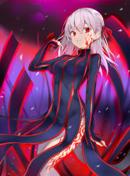 Rule 34 | 1girl, absurdres, black dress, body markings, breasts, commentary request, corruption, covered navel, dark persona, dark sakura, dress, fate/stay night, fate (series), grey hair, hair ribbon, heaven&#039;s feel, highres, long hair, long sleeves, looking at viewer, matou sakura, medium breasts, parted lips, partial commentary, red eyes, red ribbon, ribbon, ryou (ponpgo), solo
