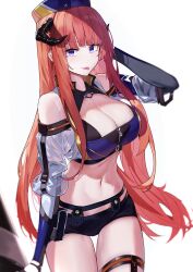 Rule 34 | 1girl, absurdres, arknights, bagpipe (arknights), bagpipe (queen no. 1) (arknights), bare shoulders, belt pouch, black shirt, black shorts, blue shirt, blurry, breasts, cleavage, cleavage cutout, closed mouth, clothing cutout, cowboy shot, crop top, detached sleeves, hand up, hat, highres, horns, large breasts, long hair, long sleeves, looking at viewer, maanu, micro shorts, midriff, navel, official alternate costume, orange hair, pouch, purple eyes, race queen, see-through, see-through sleeves, shirt, short shorts, shorts, simple background, smile, solo, stomach, thigh strap, thighs, tongue, tongue out, very long hair, white background, zipper, zipper pull tab