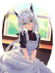 Rule 34 | 1girl, absurdres, alternate costume, animal ear fluff, animal ears, apron, between legs, braid, breasts, commentary, enmaided, fox ears, fox girl, fujishima02, green eyes, hair between eyes, hand between legs, highres, hololive, jewelry, long hair, looking at viewer, maid, maid apron, maid day, maid headdress, shirakami fubuki, short sleeves, sidelocks, single braid, sitting, small breasts, solo, virtual youtuber, white hair, window