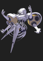 Rule 34 | 1girl, android, black background, colored skin, detached arm, extra arms, female focus, floating, grey background, highres, long hair, looking at viewer, original, science fiction, simple background, skeleton, solo, see-through body, transparent, ub1mo, very long hair, white hair, white skin, yellow eyes
