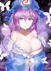 Rule 34 | 1girl, bad id, bad pixiv id, bare shoulders, black background, blue dress, blue hat, breasts, bug, butterfly, cleavage, collarbone, commentary request, dress, frills, hair between eyes, hat, highres, insect, large breasts, long sleeves, looking at viewer, mob cap, off shoulder, parted lips, purple eyes, purple hair, saigyouji yuyuko, short hair, solo, touhou, triangular headpiece, upper body, veil, wide sleeves, y2