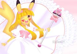 Rule 34 | 1girl, absurdres, animal ears, arm up, artist name, blunt bangs, blush, bow, bowtie, brown eyes, clothed pokemon, creatures (company), dress, female focus, fingernails, flat chest, frilled dress, frills, furry, furry female, game freak, gen 1 pokemon, hair bow, happy, heart, highres, holding, holding staff, long hair, looking at viewer, love ball, magical girl, mezmaroon, nail polish, nintendo, one eye closed, open mouth, orange hair, personification, pikachu, pink bow, pink bowtie, pink nails, poke ball, pokemon, pokemon (creature), short sleeves, signature, simple background, smile, solo, sparkle, staff, tail, teeth, white dress, wink, wrist cuffs