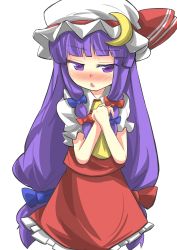 Rule 34 | 1girl, ascot, blush, chestnut mouth, cosplay, crescent, crescent hair ornament, dress, flandre scarlet, flandre scarlet (cosplay), gaoo (frpjx283), hair ornament, hair ribbon, hat, highres, long hair, looking at viewer, mob cap, own hands together, patchouli knowledge, purple eyes, purple hair, red dress, ribbon, solo, touhou, tress ribbon