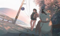 Rule 34 | 1girl, animal, bare arms, brown hair, bush, commentary, dappled sunlight, day, dog, dutch angle, flip-flops, guard rail, hands in pockets, highres, holding, holding leash, hood, hood down, hoodie, jacket, jiankun yu, leaf, leash, long sleeves, looking away, looking to the side, ocean, open clothes, open jacket, original, outdoors, palm leaf, pet walking, power lines, road sign, sandals, shiba inu, short hair, sign, sky, smile, sunlight, symbol-only commentary, utility pole, walking