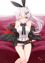 Rule 34 | 1girl, ;p, arm support, bare shoulders, black bow, black jacket, black ribbon, black skirt, blush, bow, breasts, brown eyes, center frills, character name, closed mouth, commentary request, crescent, crescent earrings, earrings, feet out of frame, five-seven (girls&#039; frontline), frills, girls&#039; frontline, glint, hair between eyes, hair ornament, hair ribbon, harada (sansei rain), high ponytail, highres, huaji, jacket, jewelry, medium breasts, off shoulder, one eye closed, open clothes, open jacket, pleated skirt, ponytail, ribbon, shirt, sidelocks, silver hair, sitting, skirt, sleeveless, sleeveless shirt, smile, solo, tongue, tongue out, white shirt