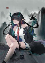 Rule 34 | 1girl, absurdres, ankle boots, arknights, artist name, bare legs, bare shoulders, black coat, black footwear, black hair, blush, boots, breasts, closed mouth, coat, colored skin, dragon, dragon girl, dragon horns, dragon tail, dress, dusk (arknights), earrings, frown, green skin, grey sky, hand on own cheek, hand on own face, highres, horns, ink, jewelry, knee up, large breasts, long hair, looking at viewer, mountain, necktie, njnywy, open clothes, open coat, pointy ears, red eyes, red necktie, short dress, sitting, sky, sun, tail, very long hair, water, waterfall, white dress