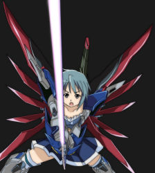 Rule 34 | 00s, 10s, bad id, bad pixiv id, blue eyes, blue hair, crossover, destiny gundam, double-master, frills, gundam, gundam seed, gundam seed destiny, mahou shoujo madoka magica, mahou shoujo madoka magica (anime), mecha musume, mechanical wings, miki sayaka, open mouth, short hair, skirt, solo, sword, thighhighs, weapon, wings