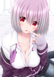 Rule 34 | 10s, 1girl, absurdres, bed, black skirt, bow, breasts, cleavage, collarbone, commentary request, dress shirt, fingernails, gradient hair, grey pantyhose, gridman universe, hair between eyes, hand up, highres, jacket, light purple hair, long sleeves, looking at viewer, medium breasts, multicolored hair, off shoulder, oosato haya, pantyhose, parted lips, pillow, pink bow, pleated skirt, purple jacket, red eyes, shinjou akane, shirt, sitting, skirt, sleeves past wrists, solo, ssss.gridman, white shirt