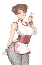 Rule 34 | 1girl, arm behind back, bracelet, breasts, brown eyes, chinese clothes, curvy, double bun, earrings, fishnet pantyhose, fishnets, hair bun, highres, jewelry, large breasts, meekohopanes, naruto (series), pantyhose, smile, solo, tenten (naruto), tongue, white background