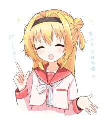 Rule 34 | 1girl, :d, \||/, ^ ^, black hairband, blonde hair, blush, chitose sana, closed eyes, commentary request, cropped torso, double bun, facing viewer, hair between eyes, hair bun, hair intakes, hairband, hands up, happy, highres, index finger raised, long hair, long sleeves, neckerchief, open mouth, outstretched hand, pink serafuku, pink shirt, red sailor collar, sailor collar, school uniform, serafuku, shirt, sidelocks, simple background, smile, solo, takepoison, tenshinranman, tenshinranman pose, translation request, two side up, upper body, white background, white neckerchief