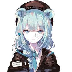 Rule 34 | 1girl, animal ears, arknights, bear ears, black jacket, blue eyes, blue hair, blue neckwear, blush, braid, commentary request, hair ornament, hair over shoulder, hat, highres, holding, istina (arknights), jacket, long hair, looking at viewer, monocle, parted lips, sheya, shirt, simple background, solo, white background, white shirt