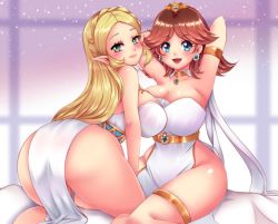 Rule 34 | 2girls, alternate costume, ass, blonde hair, breasts, cleavage, crossover, earrings, flower earrings, green eyes, grin, jewelry, large breasts, legs, looking at viewer, mario (series), multiple girls, nintendo, off-shoulder shirt, off shoulder, open mouth, pointy ears, princess daisy, princess zelda, shiny skin, shirt, smile, sugarbell, super mario land, the legend of zelda, the legend of zelda: breath of the wild, thighs