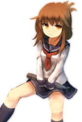 Rule 34 | 1girl, anchor symbol, black sailor collar, black skirt, black socks, brown eyes, brown hair, closed mouth, feet out of frame, folded ponytail, highres, inazuma (kancolle), kantai collection, kneehighs, long hair, looking at viewer, neckerchief, red neckerchief, sailor collar, school uniform, serafuku, shone, simple background, skirt, socks, solo, torpedo, white background