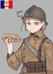 Rule 34 | 1girl, baguette, belt, belt pouch, blonde hair, blue eyes, bread, brown belt, brown coat, chevron (symbol), coat, eating, food, french flag, gears, grey background, hammer, hearts of iron, helmet, highres, kaiserreich, military, pouch, pzkpfwi, sandwich, torch, wheat