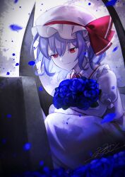 Rule 34 | 1girl, absurdres, bat wings, blue flower, blue hair, blue rose, bouquet, closed mouth, collared dress, commentary, dress, flower, frilled shirt collar, frills, gem, hair between eyes, hat, hat ribbon, highres, holding, holding bouquet, kneeling, light smile, looking down, mob cap, petals, puffy short sleeves, puffy sleeves, red eyes, red gemstone, red ribbon, remilia scarlet, ribbon, rokuya (68 zusao), rose, rose petals, short hair, short sleeves, signature, tombstone, touhou, white dress, white hat, wings