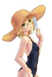 Rule 34 | 1girl, blonde hair, blue one-piece swimsuit, breasts, cdefsorab, commentary request, cowboy shot, eyelashes, food, from side, green eyes, hair between eyes, hand up, hat, head tilt, highres, holding, holding food, kariya wakana, light blush, looking at viewer, one-piece swimsuit, open mouth, popsicle, sanoba witch, school swimsuit, short hair, simple background, small breasts, solo, standing, straw hat, swimsuit, teeth, upper teeth only, white background
