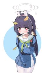 Rule 34 | 1girl, 2080167236, animal ears, bird, black gloves, black hair, blue archive, blunt bangs, blush, commentary, crying, crying with eyes open, fake animal ears, gloves, hairband, halo, highres, leaf, leaf on head, long hair, long sleeves, looking at viewer, miyu (blue archive), pantyhose, pleated skirt, rabbit ears, red eyes, revision, school uniform, serafuku, shoulder strap, sidelocks, simple background, skirt, solo, tears, two-tone background, white pantyhose