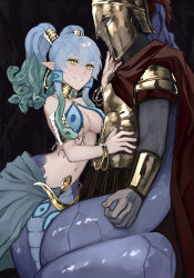Rule 34 | 1boy, 1girl, armor, assertive female, bare shoulders, blue hair, bracer, breastplate, breasts, cape, hair between eyes, hair tubes, helm, helmet, highres, jewelry, lamia, long hair, looking at another, medium breasts, medusa (monster girl encyclopedia), monster girl, monster girl encyclopedia, navel, neck ring, parted lips, pointy ears, red cape, smile, snake hair, tail, tail wrap, twintails, waist cape, yellow eyes, zakirsiz
