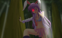 Rule 34 | 1girl, animal ears, blue bra, blue panties, bra, breasts, cleavage, forest, glowing, glowing eye, hand on own head, highres, joko jmc, light purple hair, long hair, midriff, nature, navel, open clothes, open mouth, open shirt, panties, rabbit ears, red eyes, reisen udongein inaba, shirt, solo, torn clothes, touhou, tree, underwear, very long hair