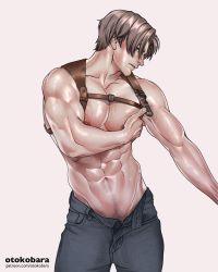 Rule 34 | 1boy, abs, artist name, bara, black pants, brown hair, chest harness, harness, highres, large pectorals, leon s. kennedy, looking at viewer, male focus, muscular, muscular male, navel, nipples, open fly, open pants, otokobara, pants, patreon username, pectorals, resident evil, resident evil 4, short hair, simple background, solo, sweat, topless male, white background
