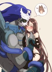 Rule 34 | 1boy, 1girl, black gloves, blue hair, blush, brown hair, cat, commentary request, yu mei-ren (fate), extra arms, closed eyes, facial hair, fate/grand order, fate (series), gloves, goatee, hand on another&#039;s chin, highres, long hair, mask, muscular, revealing clothes, seeds328, smile, thought bubble, very long hair, xiang yu (fate)