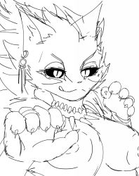 Rule 34 | 1girl, alternate form, animal ears, black sclera, bluefoxzaza, breasts, cat ears, cat girl, claws, colored sclera, earrings, fangs, furry, highres, isabella (seiken densetsu 3), jewelry, monochrome, necklace, nipples, ring, seiken densetsu, seiken densetsu 3, sketch, slit pupils
