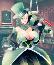 Rule 34 | 1girl, battle chatelaine, black gloves, breasts, cleavage, creatures (company), drill hair, elbow gloves, game freak, gloves, green hair, huge breasts, latex, latex gloves, latex legwear, latex leotard, leotard, looking at viewer, morgan (pokemon), nintendo, no bra, pokemon, pokemon xy, smile, solo, supersatanson