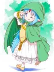 Rule 34 | 1girl, ;q, blue hair, cape, child, cloak, commentary request, commission, female focus, forehead jewel, full body, gem, green cape, highres, hood, hooded cloak, long hair, looking at viewer, one eye closed, pixiv commission, pointy ears, purple eyes, rance (series), red gemstone, reset kalar, shoes, sidelocks, skirt, smile, solo, teruki kuma, tongue, tongue out, v, v over eye, very long hair, walking, white skirt, wink, yellow footwear