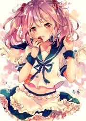 Rule 34 | 1girl, :o, animal hair ornament, apron, badge, blush, collarbone, cowboy shot, cuffs, food, frilled skirt, frills, fruit, hair bobbles, hair ornament, hairpin, highres, holding, holding food, holding fruit, kantai collection, looking at viewer, midriff, nanahamu, pink eyes, pink hair, puffy short sleeves, puffy sleeves, remodel (kantai collection), sazanami (kancolle), sazanami kai (kancolle), school uniform, serafuku, short hair, short sleeves, skirt, solo, strawberry, twintails