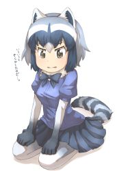 Rule 34 | 10s, 1girl, animal ears, black hair, bow, bowtie, brown eyes, commentary request, common raccoon (kemono friends), full body, fur collar, gloves, gradient legwear, grey hair, hair between eyes, highres, kemono friends, looking down, multicolored clothes, multicolored hair, multicolored legwear, pantyhose, parted lips, pleated skirt, puffy short sleeves, puffy sleeves, raccoon ears, raccoon tail, seiza, shirt, short hair, short sleeves, simple background, sitting, skirt, solo, striped tail, tail, tearing up, thin (suzuneya), translation request, white background, white hair