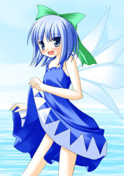 Rule 34 | 1girl, cirno, day, dress, female focus, gradient background, ocean, outdoors, shoot the bullet, sky, solo, sundress, touhou