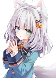 Rule 34 | 1girl, ahoge, animal ear fluff, animal ears, aqua jacket, blue eyes, blush, borrowed character, collared shirt, commentary, commission, eyes visible through hair, fox ears, fox girl, fox tail, green eyes, grey hair, hair between eyes, hair ornament, hands up, heterochromia, highres, jacket, layla (oda), looking at viewer, medium hair, nekonoyuto, open mouth, original, sad, school uniform, second-party source, shirt, simple background, skeb commission, sleeves past wrists, solo, star (symbol), star hair ornament, star ornament, steepled fingers, tail, tears, white background, white shirt, x hair ornament