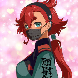 Rule 34 | 1girl, aqua eyes, asticassia school uniform, black surgical mask, clothes writing, commentary request, delinquent, from side, gundam, gundam suisei no majo, hairband, heart, long hair, looking at viewer, looking to the side, low ponytail, mask, mouth mask, nakahira guy, pink background, red hair, school uniform, single hair tube, solo, sparkle, suletta mercury, surgical mask, thick eyebrows, upper body