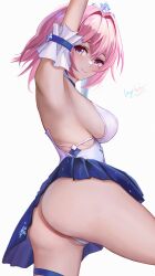Rule 34 | 1girl, arm garter, armpits, arms up, ass, bare shoulders, blue skirt, breasts, commentary request, hair intakes, highres, honkai: star rail, honkai (series), large breasts, looking at viewer, march 7th (honkai: star rail), meginalter, official alternate costume, panties, partially visible vulva, pink hair, purple eyes, short hair, simple background, skirt, sleeveless, solo, thigh strap, thighs, tiara, underwear, white background, white panties