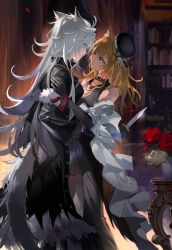 Rule 34 | 2girls, absurdres, animal ears, arknights, bare shoulders, black choker, black coat, black dress, black gloves, black headwear, blonde hair, bookshelf, choker, coat, commentary, dress, eye contact, flower, gloves, grey hair, hand on another&#039;s shoulder, hat, highres, holding, holding knife, indoors, knife, lappland (arknights), lappland (refined horrormare) (arknights), looking at another, meng ziya, messy hair, multiple girls, official alternate costume, red eyes, rose, sora (arknights), sora (melodiosa) (arknights), standing, symbol-only commentary, tail, wolf ears, wolf tail, yuri