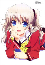 Rule 34 | 10s, 1girl, absurdres, blue eyes, charlotte (anime), digital media player, earphones, highres, long hair, lying, megami magazine, natsuzumi aiko, non-web source, official art, on stomach, open mouth, school uniform, side ponytail, simple background, solo, tomori nao