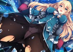 Rule 34 | 10s, 1girl, atago (kancolle), black gloves, black pantyhose, blonde hair, blush, breasts, female focus, from below, gloves, green eyes, hat, jianren, kantai collection, large breasts, long hair, looking at viewer, military, military uniform, open mouth, panties, panties under pantyhose, pantyhose, solo, torn clothes, torn pantyhose, underwear, uniform, water