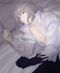 Rule 34 | 1boy, bed, bed sheet, black pants, bukkake, closed eyes, commentary request, cum, cum on body, cum on hair, dress shirt, fate/grand order, fate (series), grey hair, head on pillow, highres, light grey hair, lying, male focus, medium hair, oberon (fate), oberon (third ascension) (fate), on side, open clothes, open shirt, pants, parted lips, pectorals, pillow, sausu hitori, shirt, sleeping, solo, tagme, trap, white shirt, yaoi
